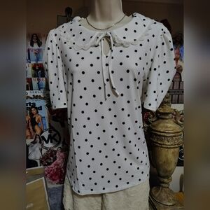Adrianna Papell Polka Dot Lace Trim Blouse